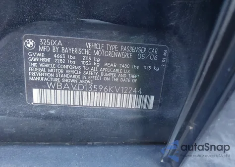 2006 BMW 325Xi from USA, damaged, VIN WBAVD13596KV12244